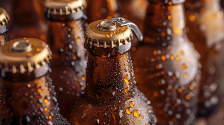 Brown ice cold beer bottles with water drops and old openerの素材