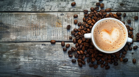 Cup of coffee latte with heart shape and coffee beans on old wooden backgroundの素材