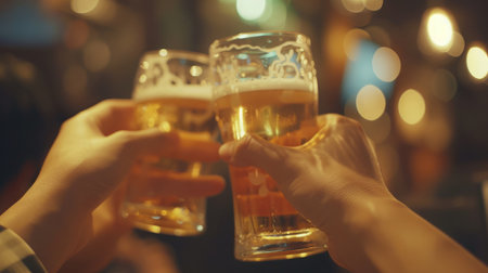 Group of friends enjoying a beer in brewery pub - Young people hands cheering at bar restaurant - Friendship and youth concept - Warm vintage filter - Main focus on bottom handの素材