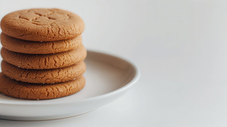 gingerbread cookie leans on a stack on cookies on a white plate isolated on a white background; copy space on rightの素材