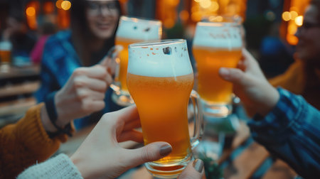 Group of friends enjoying a beer in brewery pub - Young people hands cheering at bar restaurant - Friendship and youth concept - Warm vintage filter - Main focus on bottom handの素材