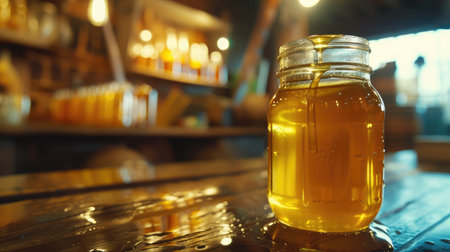 Honey drip in jar on the tableの素材