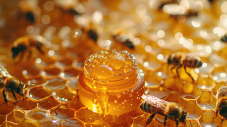 Honey dipper on the bee honeycomb background. Honey tidbit in glass jar and honeycombs wax.の素材