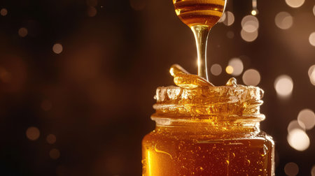 Honey drip in jar on the tableの素材
