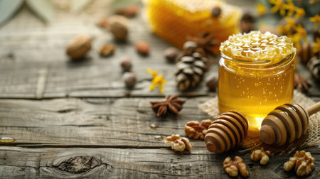 Honey background. Sweet honey in the comb, glass jar with nuts. On wooden background.の素材
