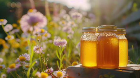 Honey in glass jars with flowers background.の素材
