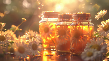 Honey in glass jars with flowers background.の素材