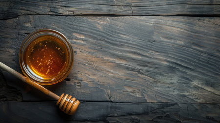 Honey with wooden honey dipper on wooden tableの素材