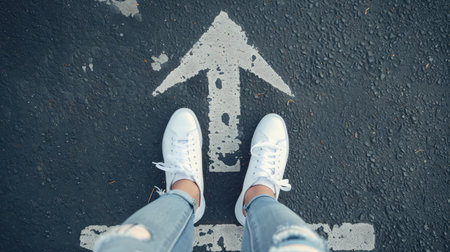 Make decision which way to go. Walking on directional sign on asphalt road. Female legs wearing jeans and white sneakers.の素材