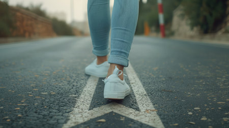 Make decision which way to go. Walking on directional sign on asphalt road. Female legs wearing jeans and white sneakers.の素材