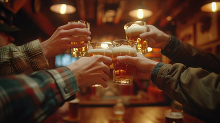 people, men, leisure, friendship and celebration concept - happy male friends drinking beer and clinking glasses at bar or pubの素材