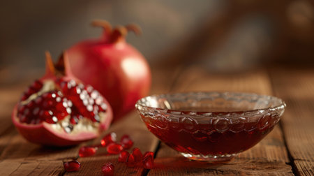 Pomegranate molasses in glass bowl, pomegranate sour sauce with fresh ripe whole and split pomegranate fruit on wooden rustic tableの素材