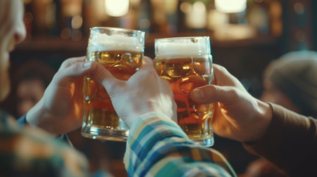 people, men, leisure, friendship and celebration concept - happy male friends drinking beer and clinking glasses at bar or pubの素材
