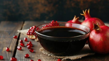 Pomegranate molasses in glass bowl, pomegranate sour sauce with fresh ripe whole and split pomegranate fruit on wooden rustic tableの素材