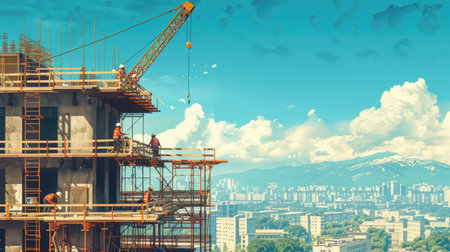 building under construction with workersの素材