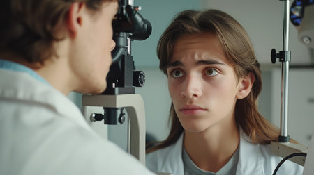 Attractive female doctor ophthalmologist is checking the eye vision of handsome young man in modern clinic. Doctor and patient in ophthalmology clinic.の素材