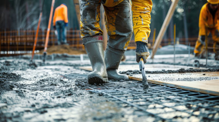 builder worker in safety protective equipment installing concrete floor slab panel at building construction siteの素材