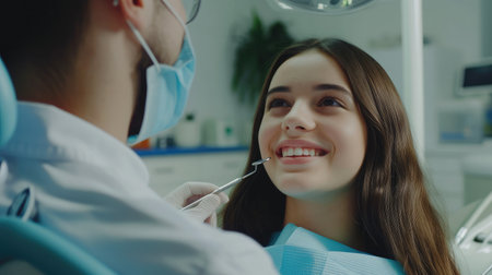 Attractive young woman in stomatology clinic with male dentist. Healthy teeth concept.の素材