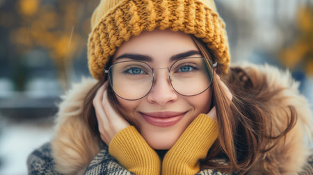 Cool hipster student woman wearing eyewear glasses . Caucasian female university student looking at camera smiling happy.の素材