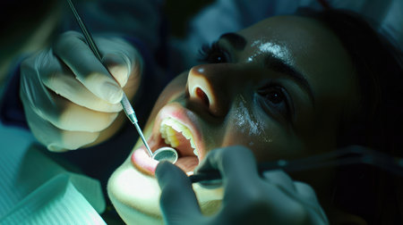 Dentist examining a patient's teeth in the dentist.の素材