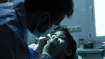 Dentist examining a patient's teeth in the dentist.の素材