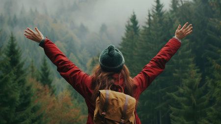 Enjoying the nature. Young woman arms raised enjoying the fresh air in green forest.の素材