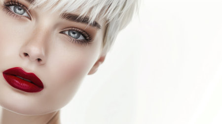 Fashion Stylish Beauty Portrait with White Short Hair. Beautiful Girl's Face Close-up. Haircut. Hairstyle. Fringe. Professional Makeup. Make-up. Vogue Style Woman. Isolated on a White Backgroundの素材
