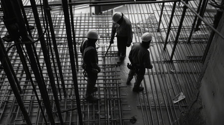 Construction workers collaborating in the installation of cement formwork framesの素材