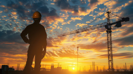 engineer holding yellow helmet for workers security on background of new highrise apartment buildings and construction cranes on background of evening sunset cloudy sky Silhouette Crane lifts loadの素材