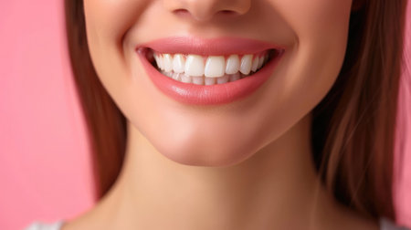 eautiful smile young woman. White teeth on the master plan. Free space and backgroundの素材