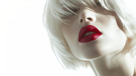 Fashion Stylish Beauty Portrait with White Short Hair. Beautiful Girl's Face Close-up. Haircut. Hairstyle. Fringe. Professional Makeup. Make-up. Vogue Style Woman. Isolated on a White Backgroundの素材