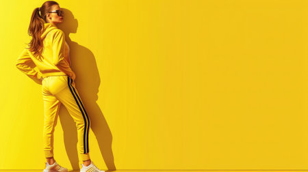 Fashion girl in sportswear on yellow backgroundの素材