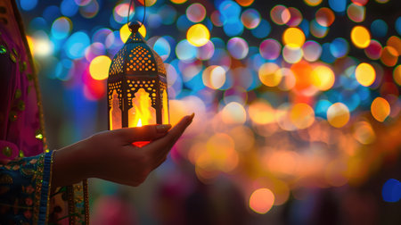 hand holding lantern during diwali festival of lightsの素材
