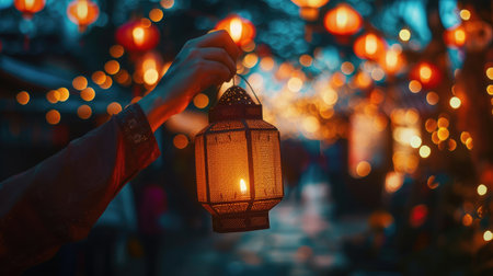 hand holding lantern during diwali festival of lightsの素材