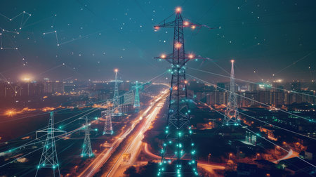 High power electricity poles in urban area connected to smart grid. Energy supply, distribution of energy, transmitting energy, energy transmission, high voltage supply concept photo.の素材