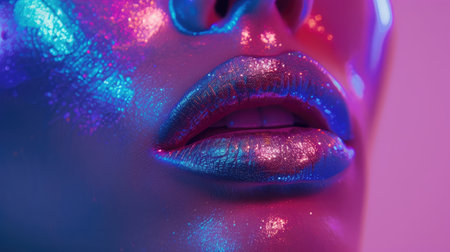 High Fashion model metallic silver lips and face woman in colorful bright neon uv blue and purple lights, posing in studio, beautiful girl, glowing make-up, colorful make up. Glitter Vivid neon makeupの素材
