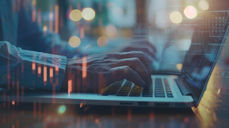 Man Typing Keyboard Laptop Hand.Project Manager Researching Process.Business Team Working Startup modern Office.Global Strategy Virtual Icon.Innovation Graphs Interfaces.Analyze market stock.Blurredの素材