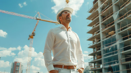 Happy mature architect wearing hardhat standing at construction siteの素材