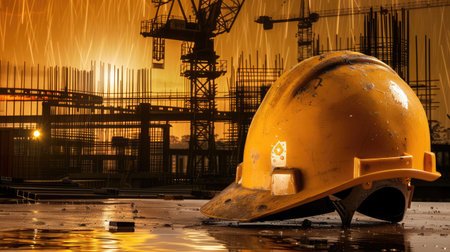 helmet in construction site and construction site worker background safety first conceptの素材