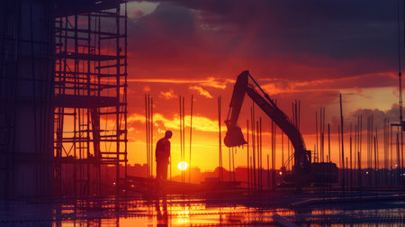construction worker control a pouring concrete pump on construction site and sunset backgroundの素材
