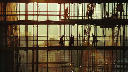 building under construction with workersの素材
