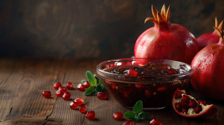 Pomegranate molasses in glass bowl, pomegranate sour sauce with fresh ripe whole and split pomegranate fruit on wooden rustic table --ar 16:9 --v 6 Job ID: cac50998-5f83-44e1-b076-c1ee6fd30cb4の素材