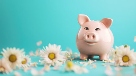 Piggy bank isolated on aquamarine backgroundの素材