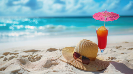 Straw hat with a exotic cocktail and sunglasses on sand beach. Summer Holidays conceptの素材