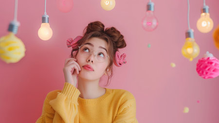 Close-up portrait of her she nice-looking attractive lovely sweet curious cheerful cheery smart clever girl creating new idea solution fantasize copy space isolated pink pastel color background --ar 16:9 --v 6 Job ID: fb28abfa-d1b4-4333-ab85-1f2954ed17c6の素材