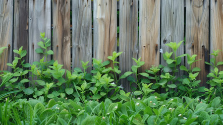 Fresh spring green grass and leaf plant over wood fence backgroundの素材