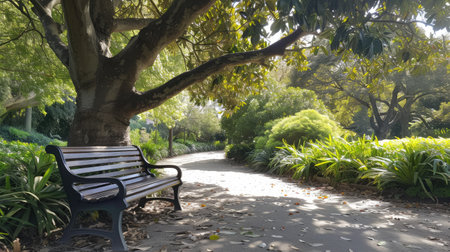 Bench under the tree in the Royal Botanic Gardensの素材