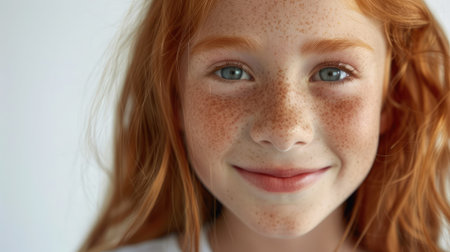 Headshot Portrait of happy ginger girl with freckles smiling looking at camera. White background.の素材