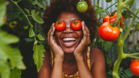 Happy woman holding tomatoes over eyes in urban gardenの素材