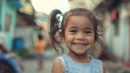 Little girl in an urban setting smiles at the camera.の素材